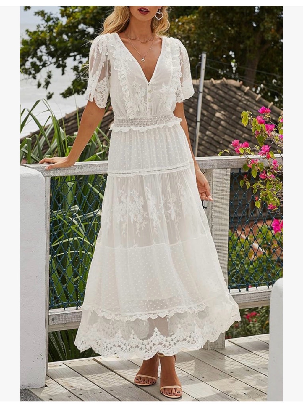Sheilay White Lace Floral V-Neck Flared Boho Maxi Dress Small